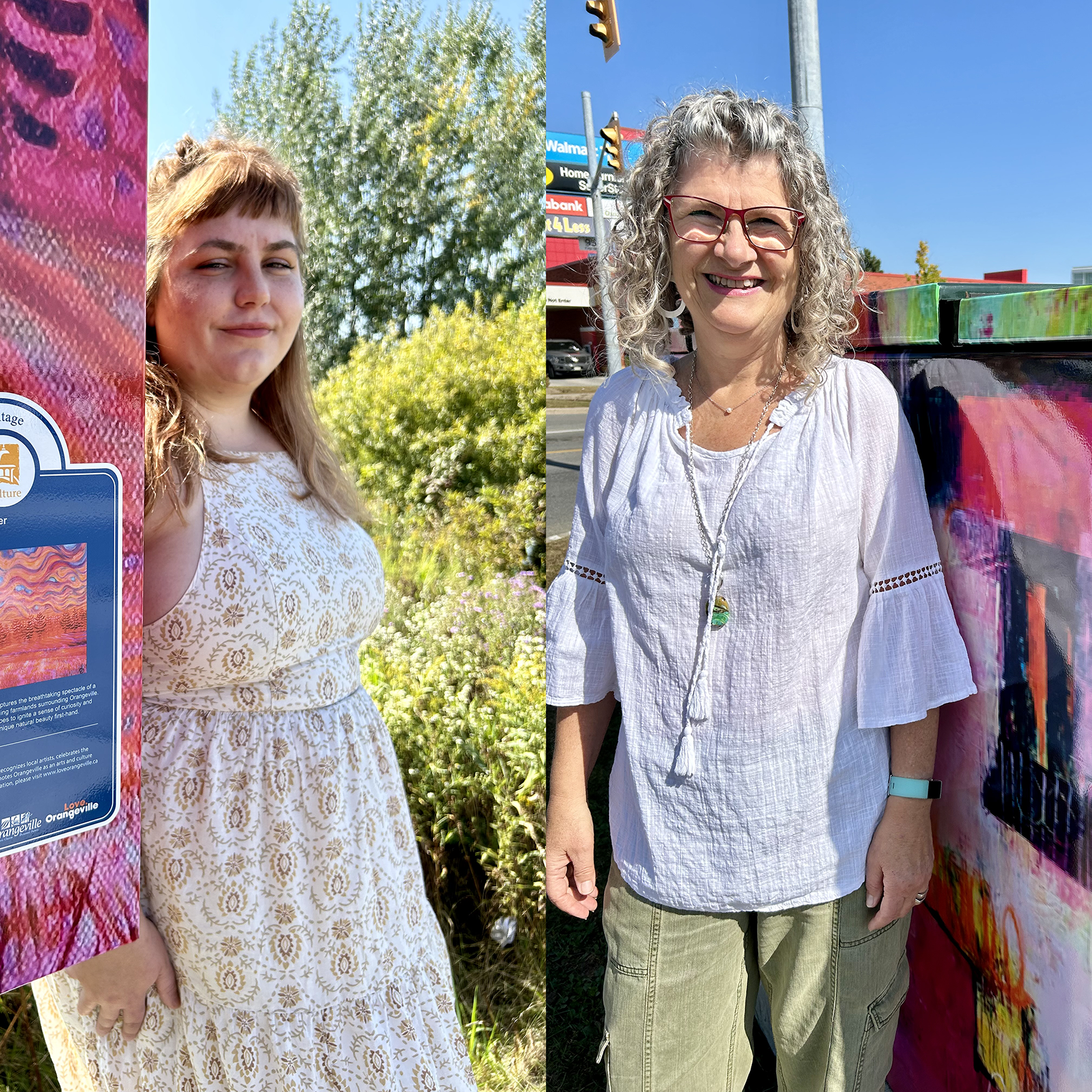 A split image of two artists standing next to their Utility Box art installations